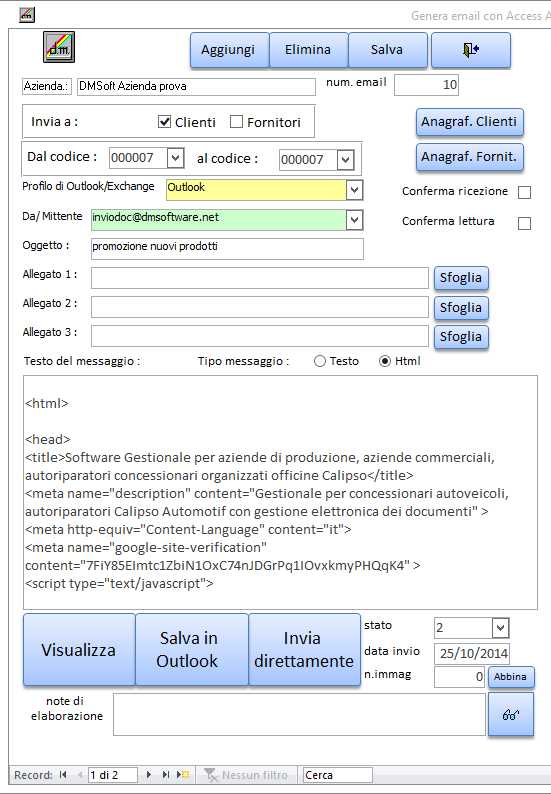 Generatore di Email a clienti e fornitori